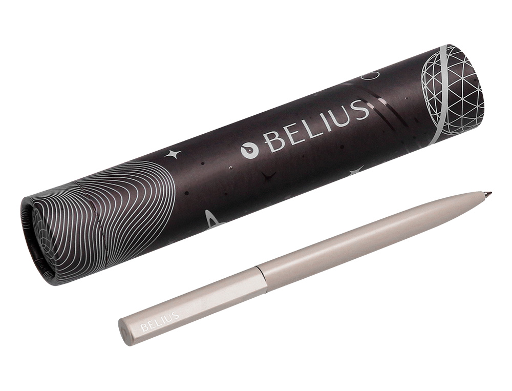 BOLIGRAFO BELIUS ROCKET B ALUMINIO COLOR MINIMALISTA GRIS TINTA AZUL CAJA CILINDRICA