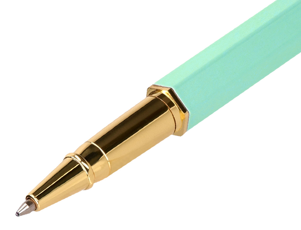 BOLIGRAFO BELIUS MACARON BLISS FORMA HEXAGONAL COLOR VERDE DORADO TINTA AZUL CAJA DE DISEO