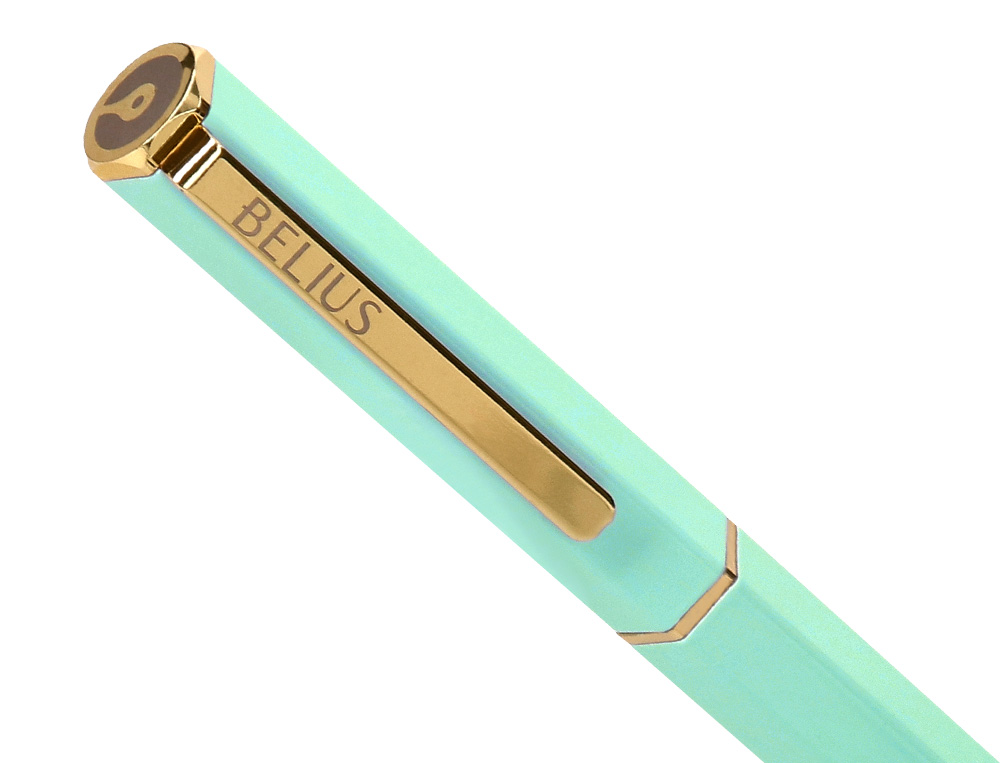 BOLIGRAFO BELIUS MACARON BLISS FORMA HEXAGONAL COLOR VERDE DORADO TINTA AZUL CAJA DE DISEO