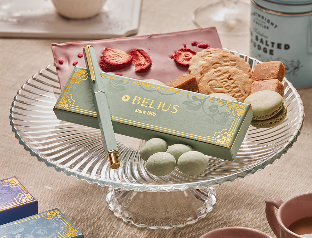 BOLIGRAFO BELIUS MACARON BLISS FORMA HEXAGONAL COLOR VERDE DORADO TINTA AZUL CAJA DE DISEO