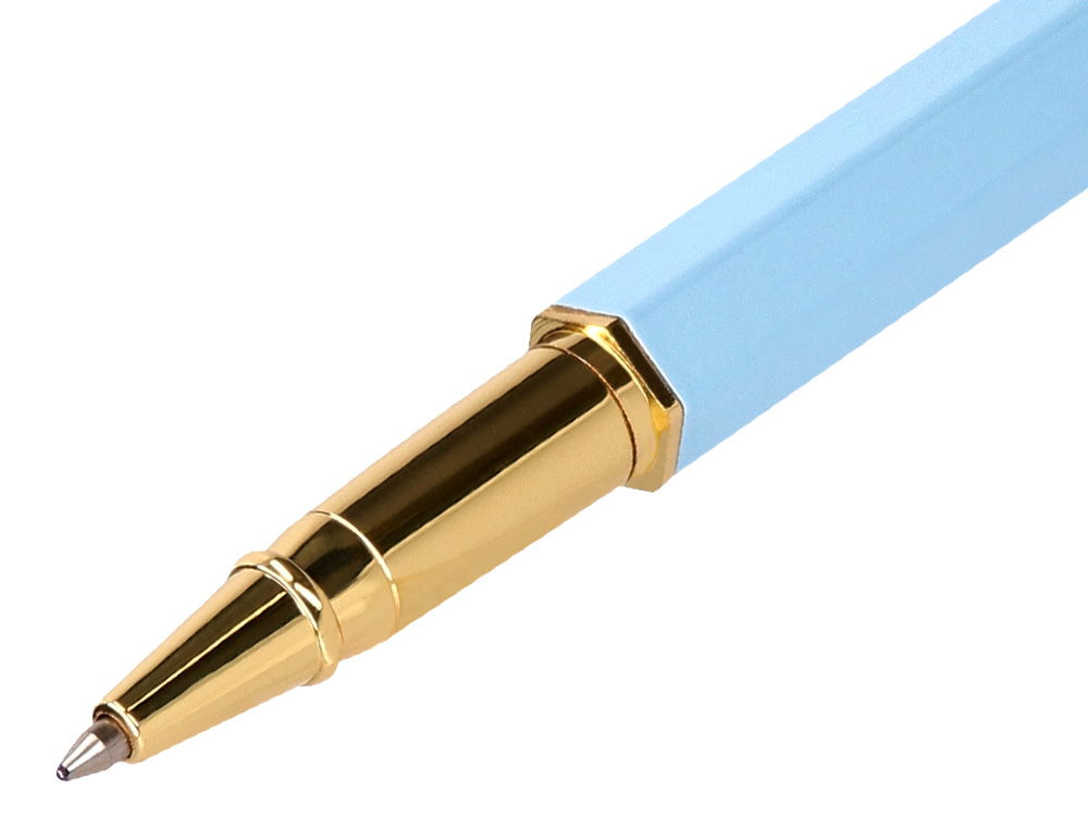 BOLIGRAFO BELIUS MACARON BLISS FORMA HEXAGONAL COLOR CELESTE Y DORADO TINTA AZUL CAJA DE DISEÑO