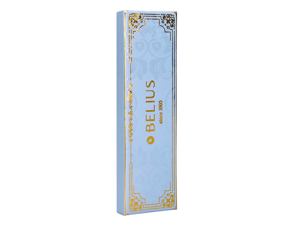 BOLIGRAFO BELIUS MACARON BLISS FORMA HEXAGONAL COLOR CELESTE Y DORADO TINTA AZUL CAJA DE DISEÑO