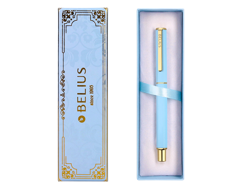 BOLIGRAFO BELIUS MACARON BLISS FORMA HEXAGONAL COLOR CELESTE Y DORADO TINTA AZUL CAJA DE DISEÑO