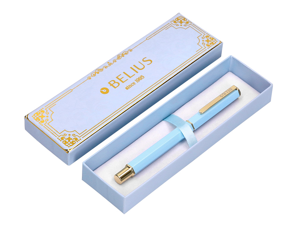 BOLIGRAFO BELIUS MACARON BLISS FORMA HEXAGONAL COLOR CELESTE Y DORADO TINTA AZUL CAJA DE DISEÑO