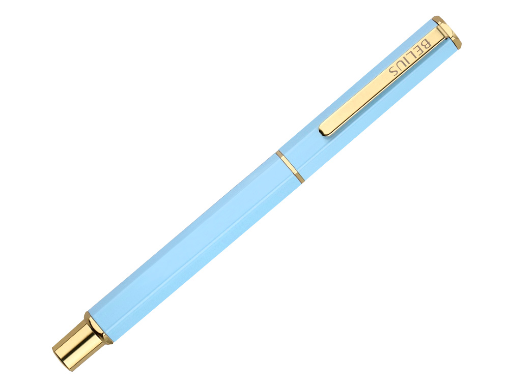 BOLIGRAFO BELIUS MACARON BLISS FORMA HEXAGONAL COLOR CELESTE Y DORADO TINTA AZUL CAJA DE DISEÑO