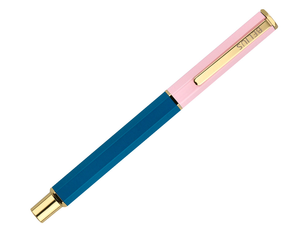 BOLIGRAFO BELIUS MACARON BLISS FORMA HEXAGONAL COLOR ROSA/ AZUL Y DORADO TINTA AZUL CAJA DE DISEÑO