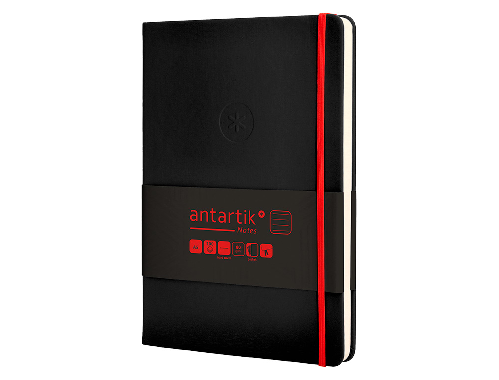 CUADERNO CON GOMILLA ANTARTIK NOTES TAPA DURA A5 HOJAS RAYAS NEGRO Y ROJO 100 HOJAS 80 GR FSC