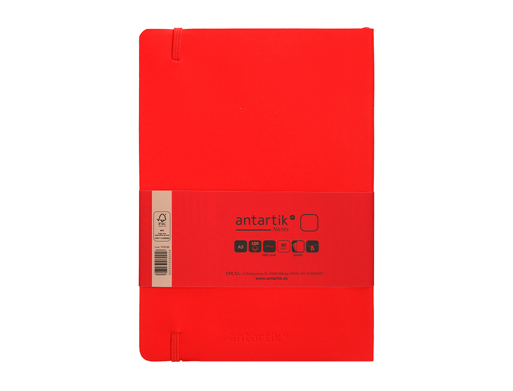 CUADERNO CON GOMILLA ANTARTIK NOTES TAPA BLANDA A5 HOJAS LISAS ROJO 80 HOJAS 80 GR FSC