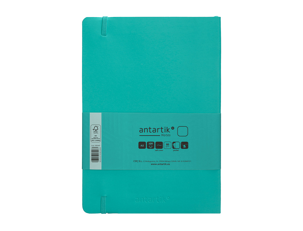 CUADERNO CON GOMILLA ANTARTIK NOTES TAPA BLANDA A5 HOJAS LISAS TURQUESA 80 HOJAS 80 GR FSC