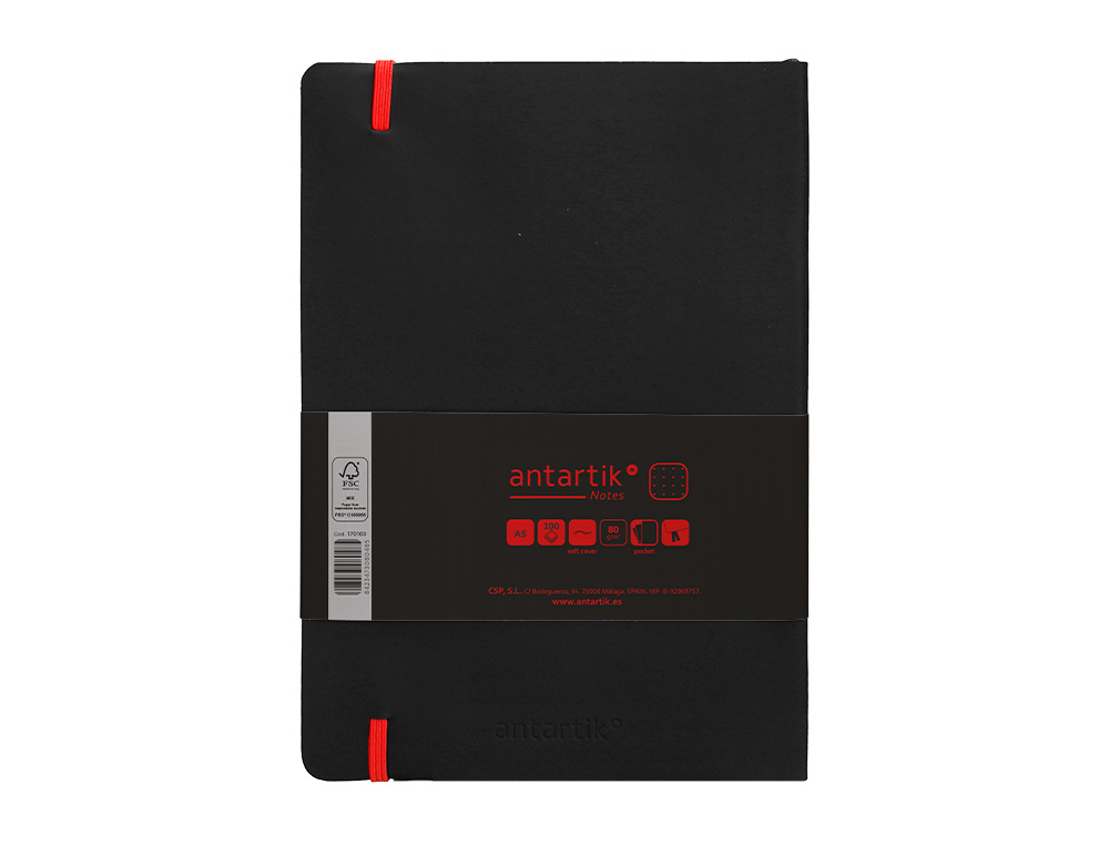 CUADERNO CON GOMILLA ANTARTIK NOTES TAPA BLANDA A5 HOJAS PUNTOS NEGRO Y ROJO 80 HOJAS 80 GR FSC
