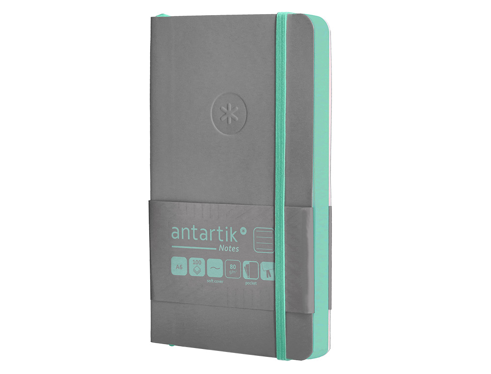 CUADERNO CON GOMILLA ANTARTIK NOTES TAPA BLANDA A6 RAYAS GRIS Y TURQUESA 100 HOJAS 80 GR FSC