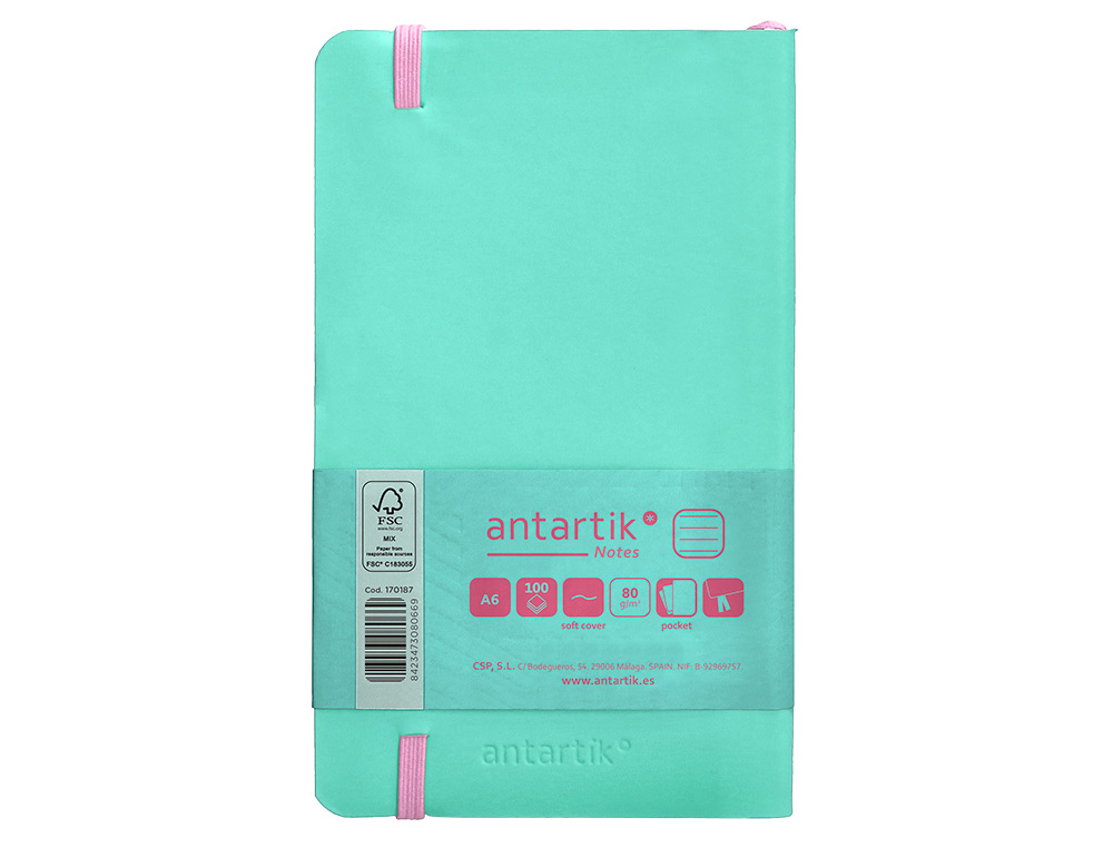 CUADERNO CON GOMILLA ANTARTIK NOTES TAPA BLANDA A6 RAYAS ROSA Y TURQUESA 100 HOJAS 80 GR FSC