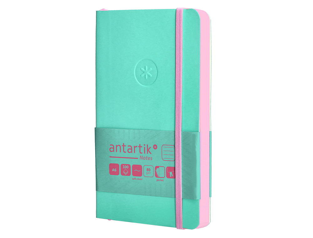CUADERNO CON GOMILLA ANTARTIK NOTES TAPA BLANDA A6 RAYAS ROSA Y TURQUESA 100 HOJAS 80 GR FSC
