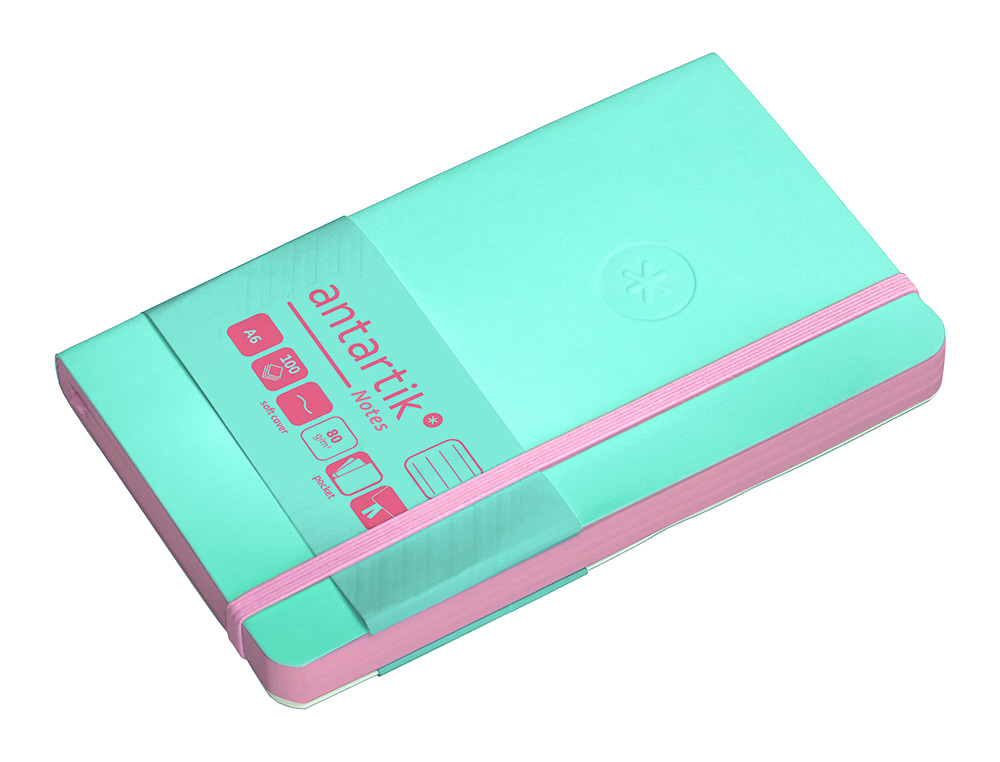 CUADERNO CON GOMILLA ANTARTIK NOTES TAPA BLANDA A6 RAYAS ROSA Y TURQUESA 100 HOJAS 80 GR FSC