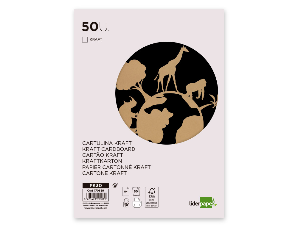 CARTULINA KRAFT LIDERPAPEL A4 180G/M2 PAQUETE DE 50 HOJAS