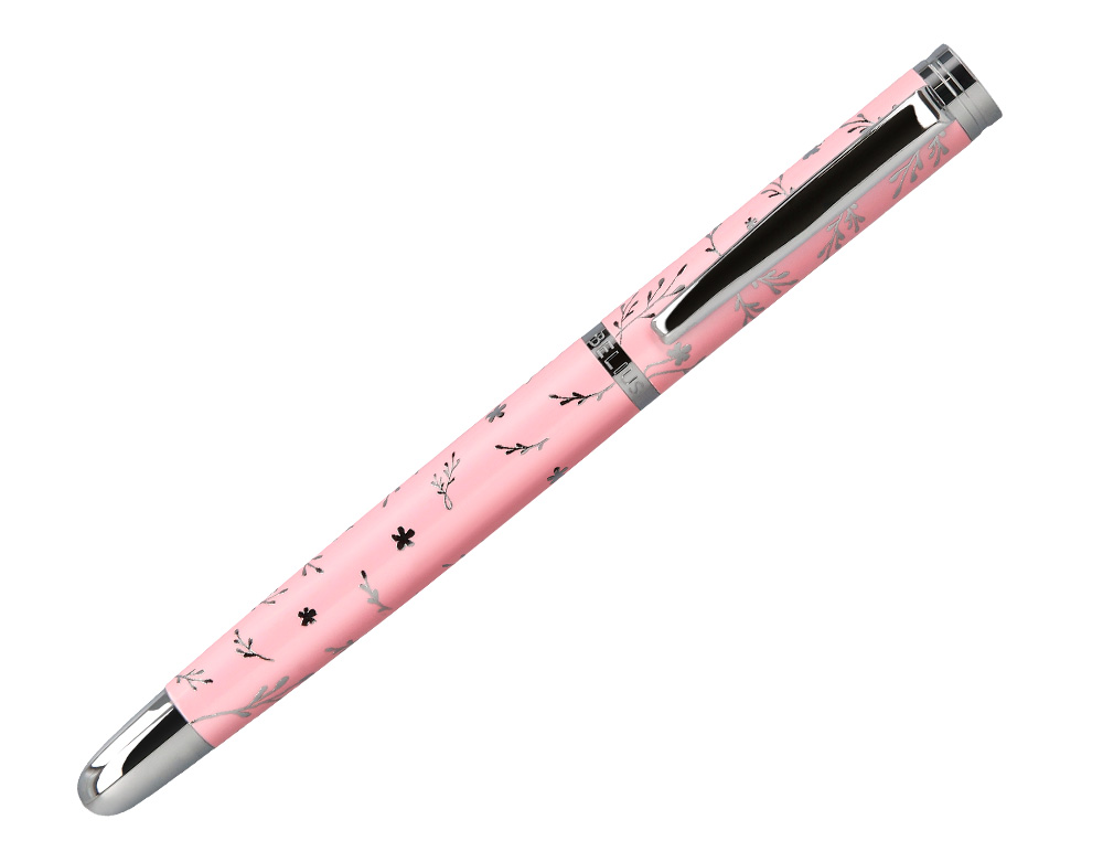 PLUMA BELIUS BELLA ALUMINIO COLOR ROSA DISEO PLATEADO RELIEVE TINTA AZUL CAJA DE DISEO