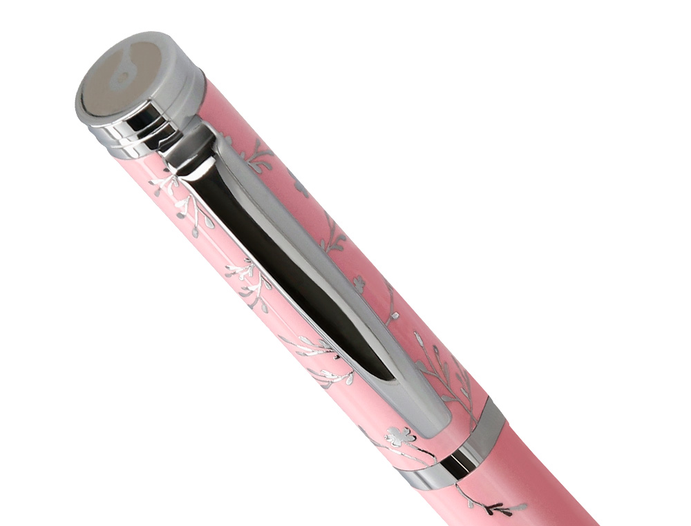 PLUMA BELIUS BELLA ALUMINIO COLOR ROSA DISEO PLATEADO RELIEVE TINTA AZUL CAJA DE DISEO