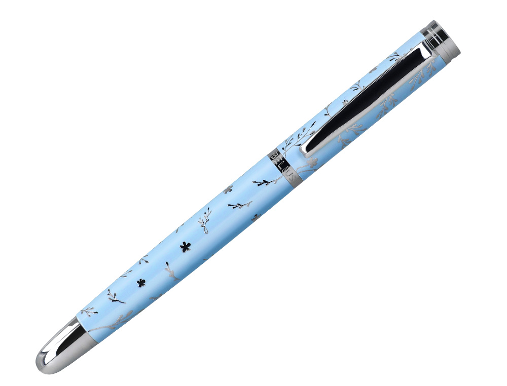 PLUMA BELIUS BELLA ALUMINIO COLOR AZUL CELESTE DISEO PLATEADO RELIEVE TINTA AZUL CAJA DE DISEO