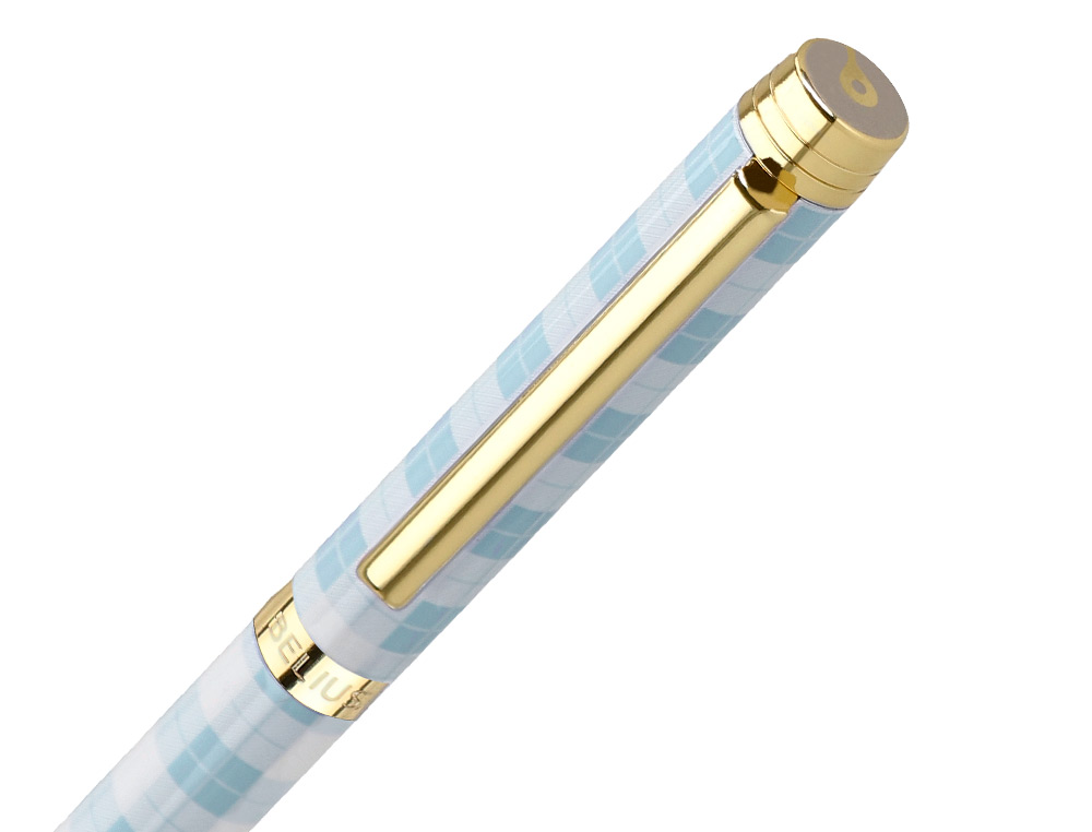 BOLIGRAFO BELIUS PERFECT PICNIC DAY ALUMINIO COLOR AZUL CELESTE DORADO TINTA AZULCAJA DE DISEO