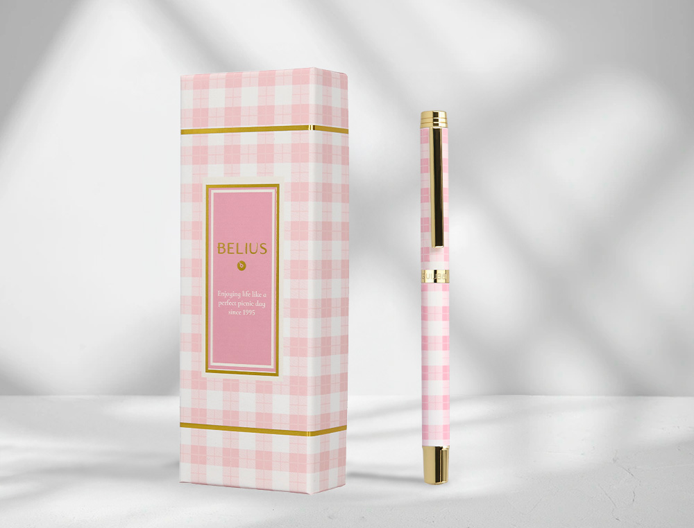 ROLLER BELIUS PERFECT PICNIC DAY ALUMINIO COLOR ROSA DORADO TINTA COLOR NEGRO CAJA DE DISEO