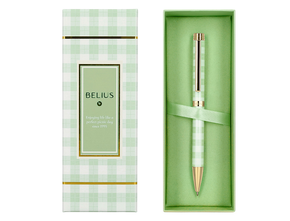 BOLIGRAFO BELIUS PICNIC ALUMINIO COLOR VERDE DORADO TINTA COLOR AZUL CAJA DE DISEÑO