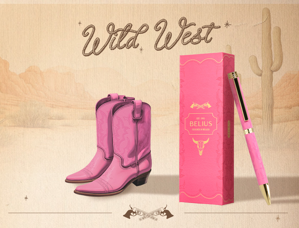 BOLIGRAFO BELIUS WILD WEST ALUMINIO COLOR ROSA DORADO TINTA COLOR AZUL CAJA DE DISEO