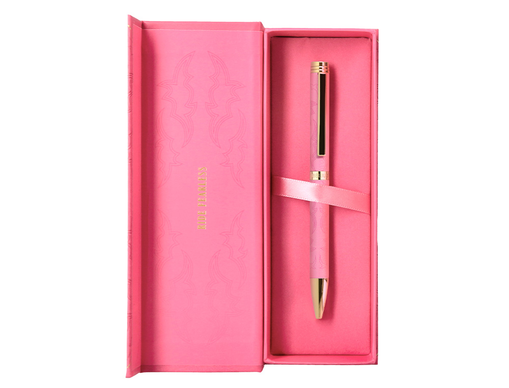 BOLIGRAFO BELIUS WILD WEST ALUMINIO COLOR ROSA DORADO TINTA COLOR AZUL CAJA DE DISEO