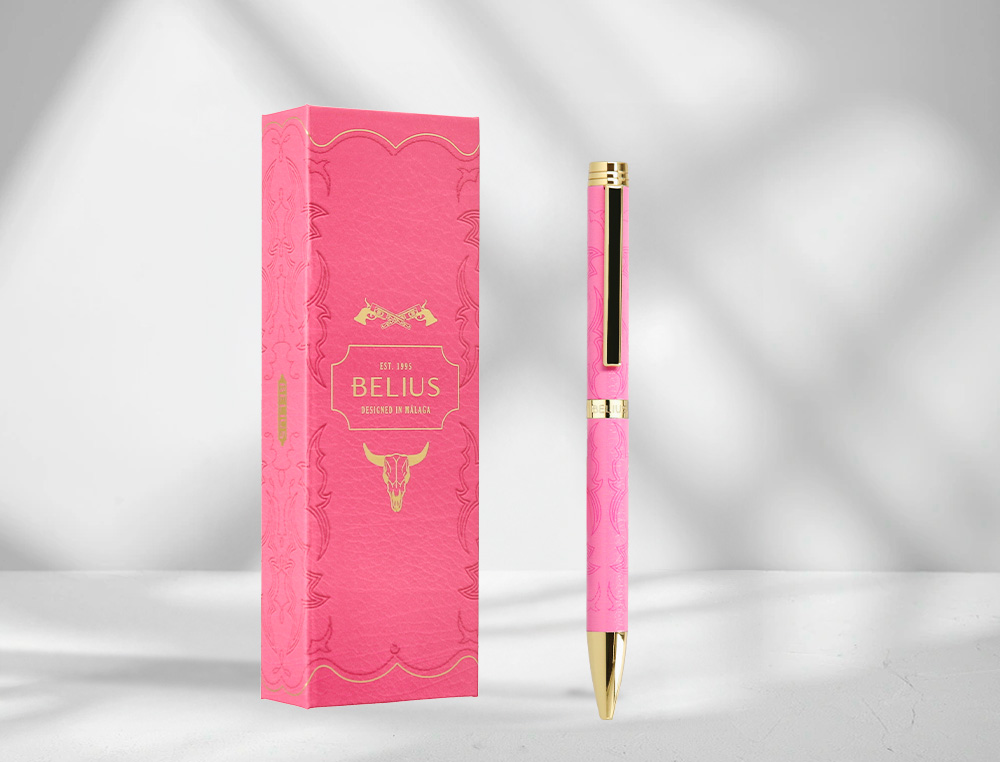 BOLIGRAFO BELIUS WILD WEST ALUMINIO COLOR ROSA DORADO TINTA COLOR AZUL CAJA DE DISEO
