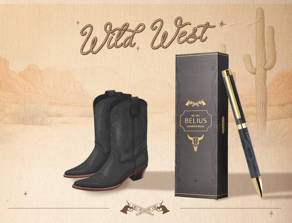 BOLIGRAFO BELIUS WILD WEST ALUMINIO COLOR NEGRO DORADO TINTA COLOR AZUL CAJA DE DISEÑO