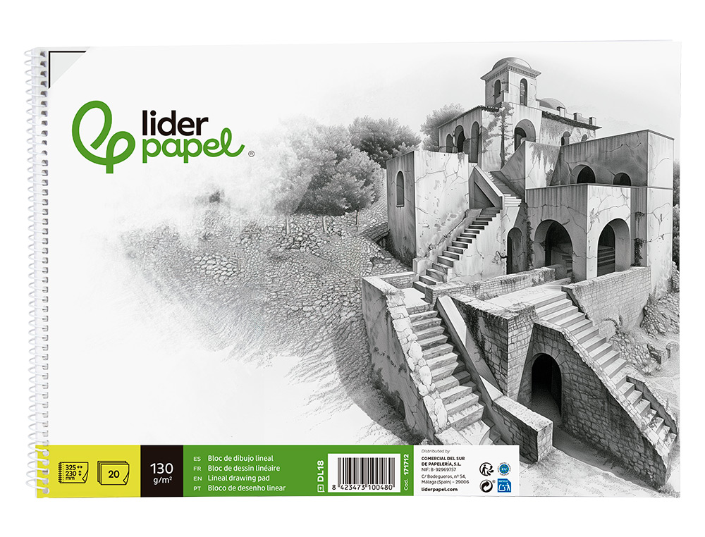 BLOC DIBUJO LIDERPAPEL LINEAL HISTORICO 230X325MM 20 HOJAS 130G/M2 CON RECUADRO PERFORADO