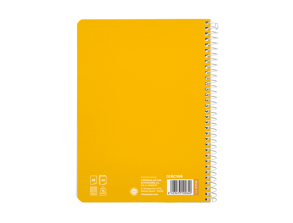 CUADERNO ESPIRAL LIDERPAPEL A5 PAUTAGUIA TAPA BLANDA 40H 75GR CUADRO PAUTADO 3MM COLOR AMARILLO