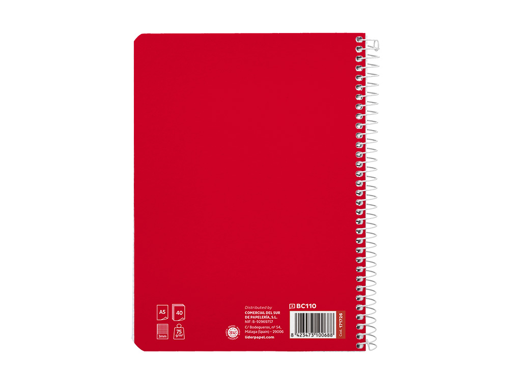 CUADERNO ESPIRAL LIDERPAPEL A5 PAUTAGUIA TAPA BLANDA 40H 75 GR CUADRO PAUTADO 3MM COLOR ROJO