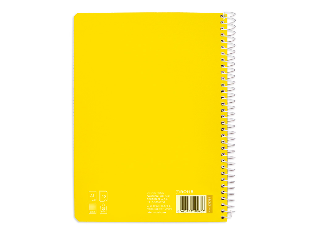 CUADERNO ESPIRAL LIDERPAPEL DIN A5 PAUTAGUIA TAPA BLANDA 40H 75 GR CUADRO PAUTADO 5MM COLOR AMARILLO