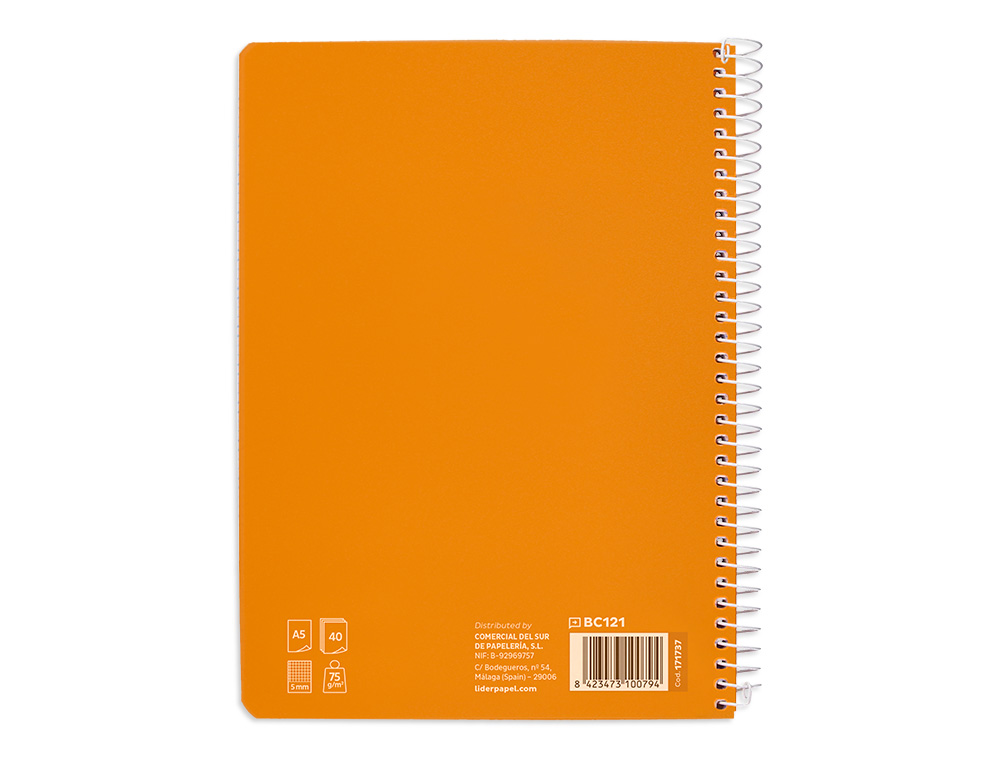 CUADERNO ESPIRAL LIDERPAPEL A5 PAUTAGUIA TAPA BLANDA 40 H 75 GR CUADRO PAUTADO 5MM COLOR NARANJA
