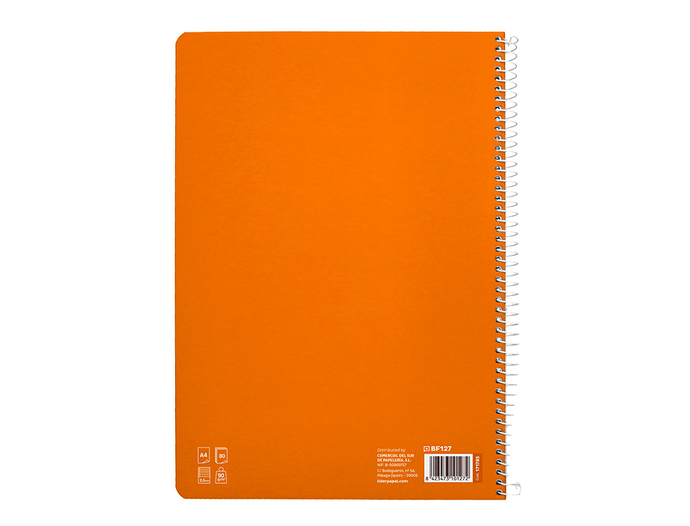 CUADERNO ESPIRAL LIDERPAPEL DIN A4 PAUTAGUIA TAPA DURA 80H 90 GR CUADRO PAUTADO 2,5 MM COLOR NARANJA