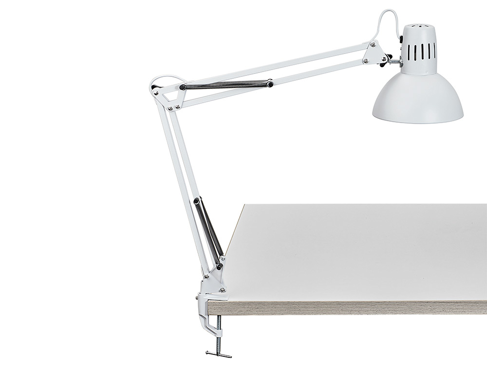 LAMPARA DE ESCRITORIO MAUL METAL 57W DOBLE BRAZO CABEZAL ORIENTABLE PINZA BLANCA