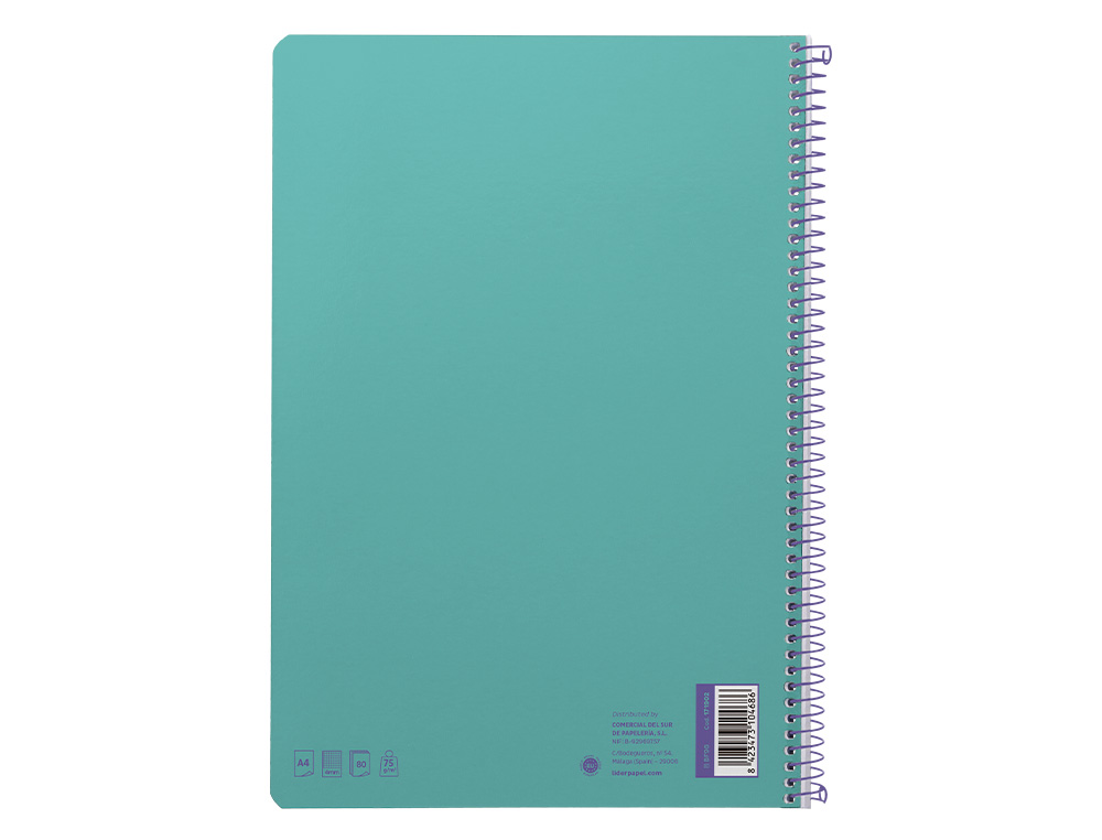 CUADERNO ESPIRAL LIDERPAPEL A4 SMART TAPA BLANDA 80H 75GR CUADRO 4MM CON MARGEN COLOR TURQUESA
