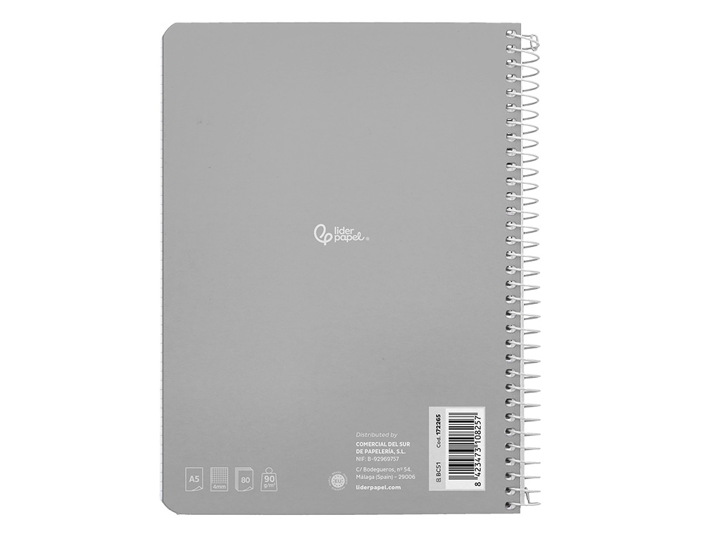 CUADERNO ESPIRAL LIDERPAPEL A5 WITTY TAPA DURA 80H 90GR CUADRO 4MM CON MARGEN COLORES SURTIDOS