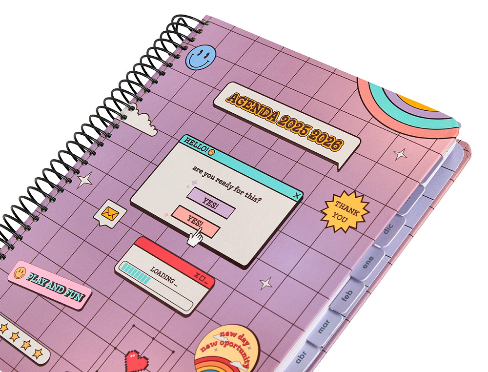 AGENDA ESCOLAR LIDERPAPEL 25-26 ESPIRAL PIXEL MORADO DIA PAGINA A5 BILINGÜE PAPEL FSC 80 GR