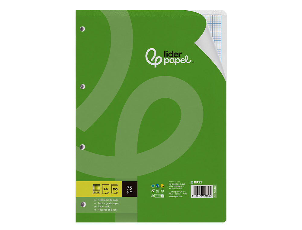 RECAMBIO LIDERPAPEL A4 100 HOJAS 75GR RAYADO N46 4 TALADROS