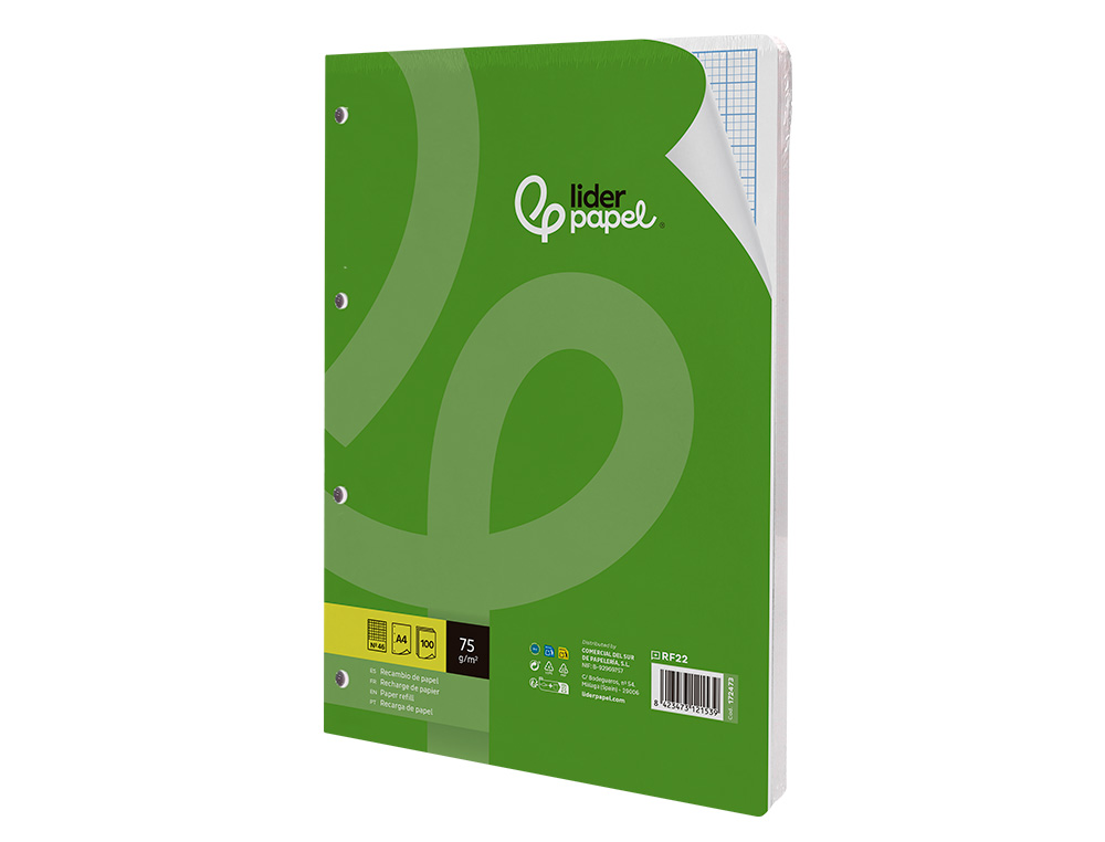 RECAMBIO LIDERPAPEL A4 100 HOJAS 75GR RAYADO N46 4 TALADROS
