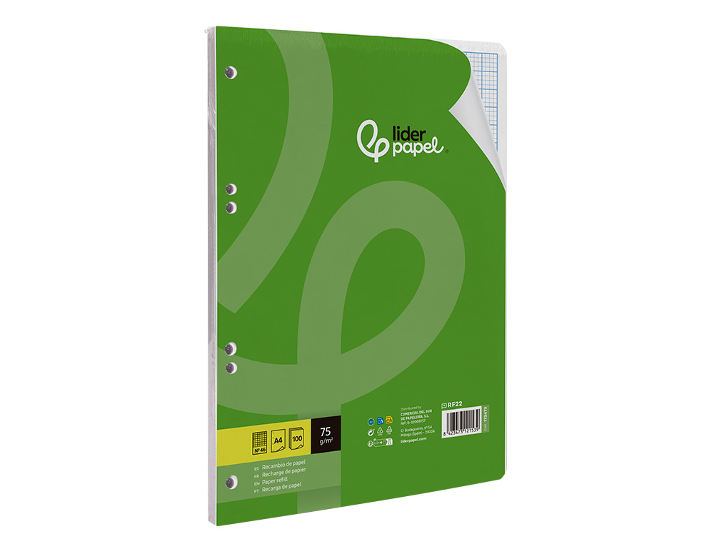 RECAMBIO LIDERPAPEL A4 100 HOJAS 75GR RAYADO N46 4 TALADROS
