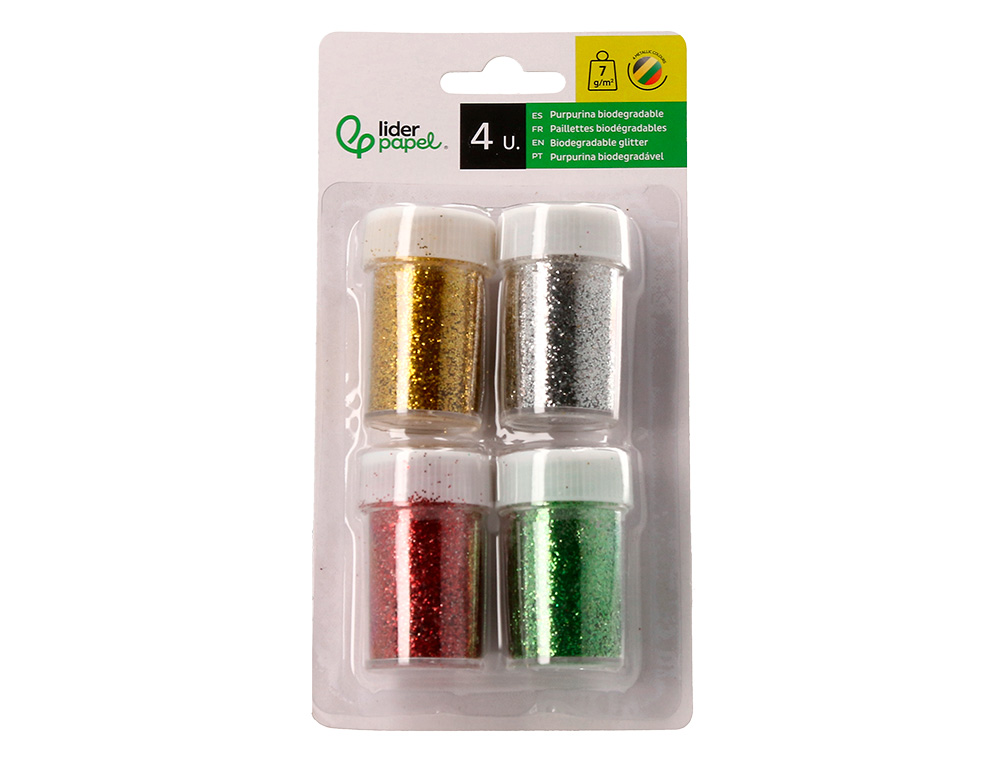 PURPURINA LIDERPAPEL BIODEGRADABLE FANTASIA BOTE DE 7 GR COLORES METALICOS SURTIDOS BLISTER DE 4