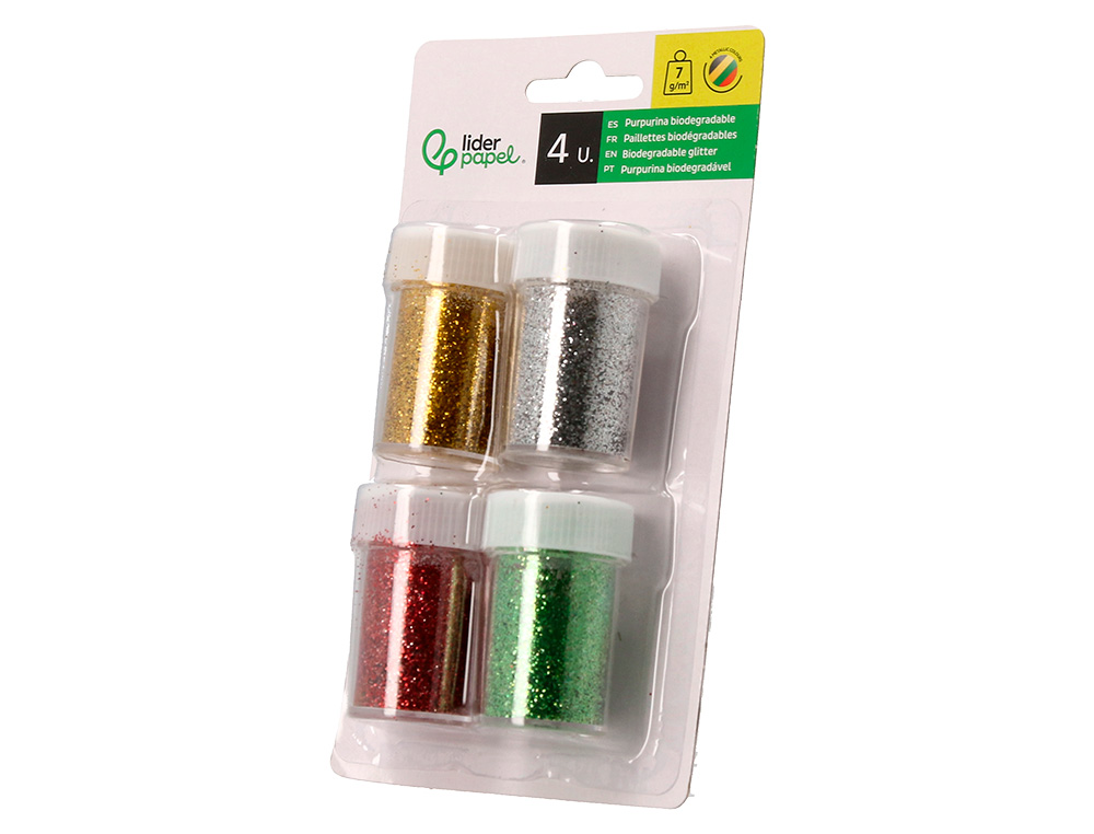 PURPURINA LIDERPAPEL BIODEGRADABLE FANTASIA BOTE DE 7 GR COLORES METALICOS SURTIDOS BLISTER DE 4