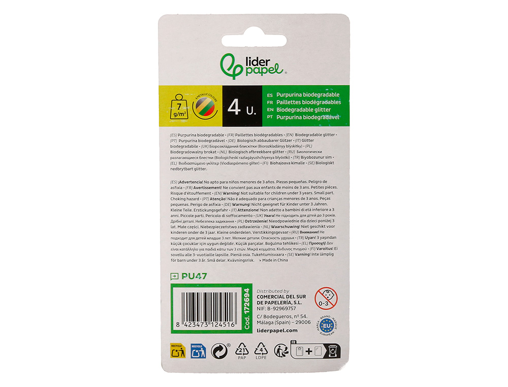 PURPURINA LIDERPAPEL BIODEGRADABLE FANTASIA BOTE DE 7 GR COLORES METALICOS SURTIDOS BLISTER DE 4