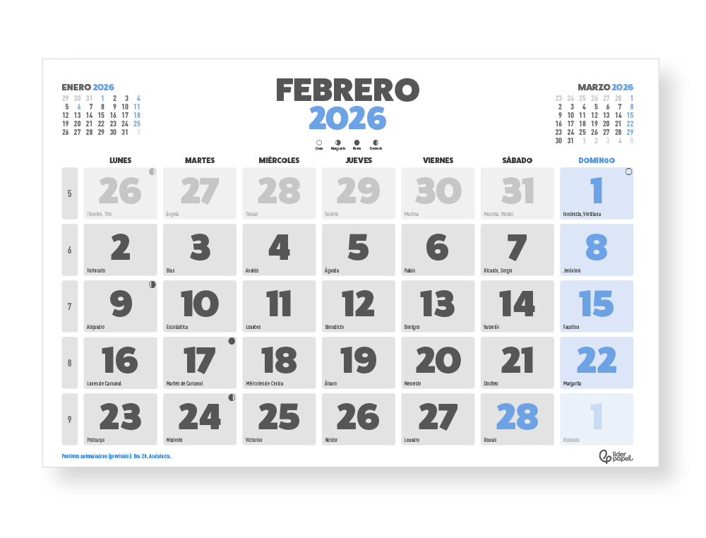 CALENDARIO PARED LIDERPAPEL CLASICO 2026 LOMO ENGOMADO 30X20 CM PAPEL 105 GR