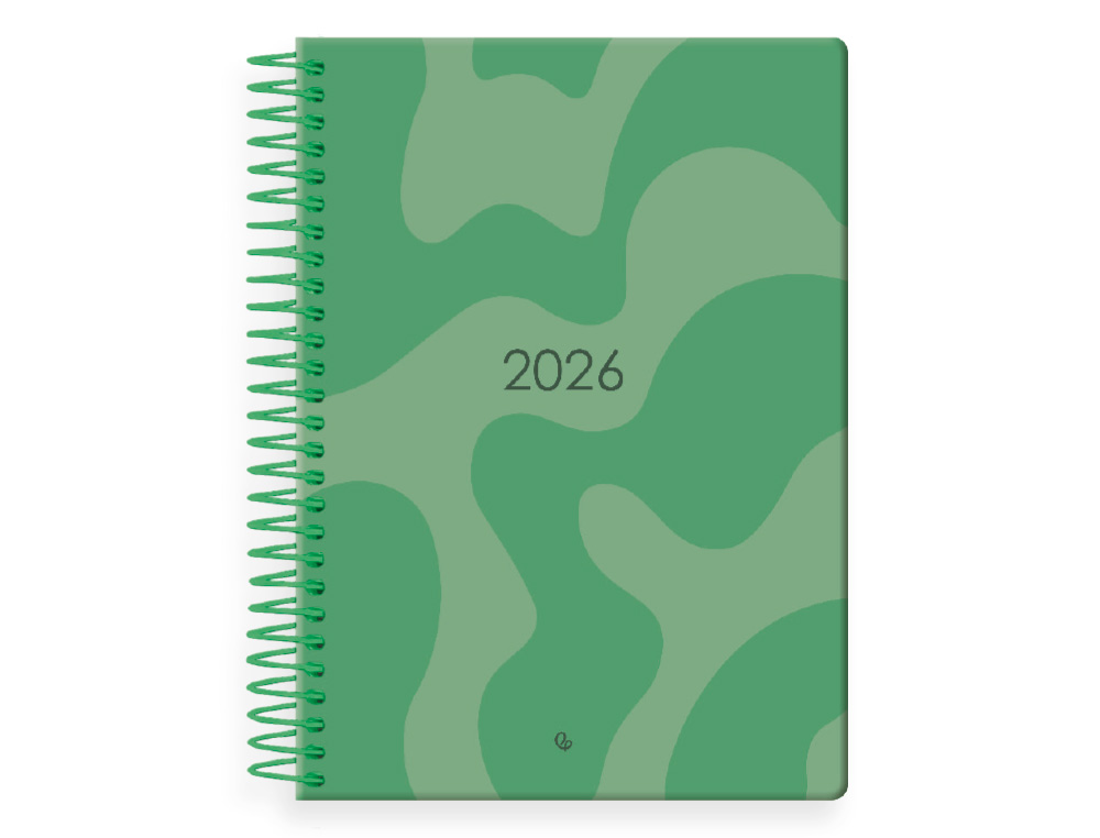 AGENDA ESPIRAL LIDERPAPEL SYROS 150X210 MM 2026 DIA PAGINA VERDE PAPEL 60GR FSC