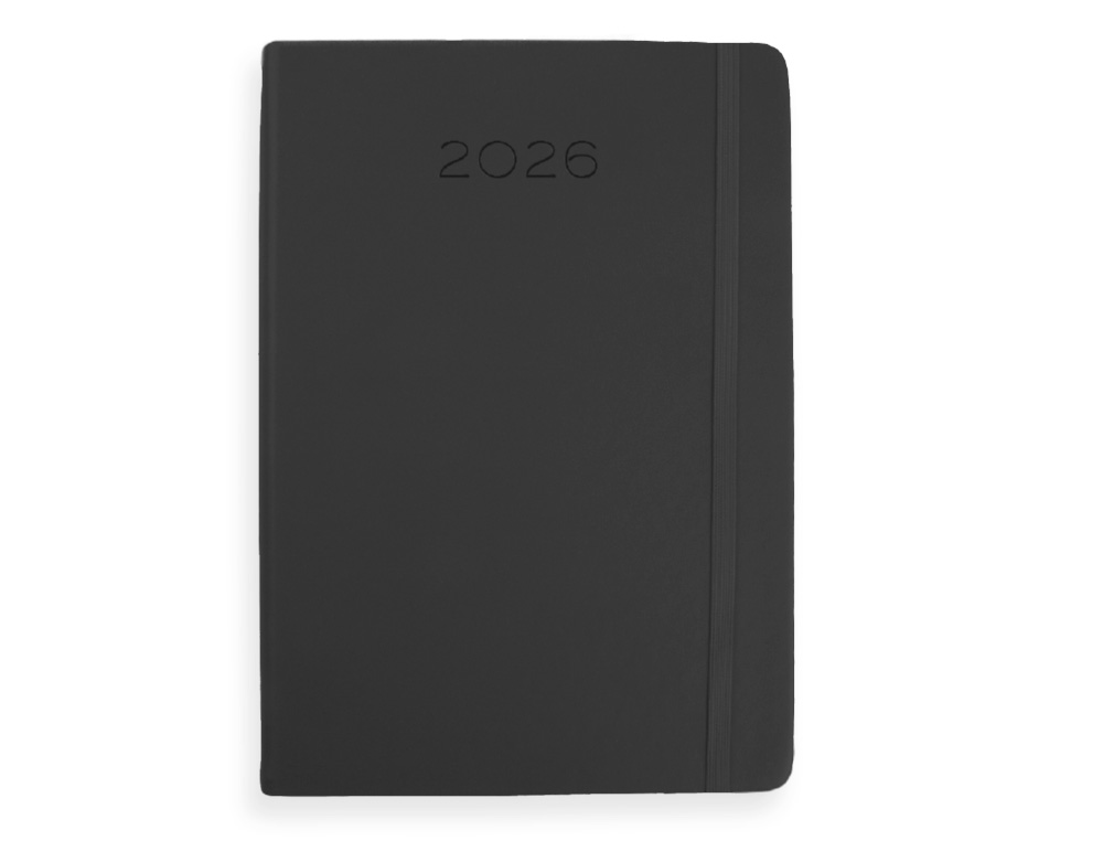 AGENDA ENCUADERNADA LIDERPAPEL MYKONOS 150X210 MM 2026 DIA PAGINA NEGRO PAPEL 70 GR FSC
