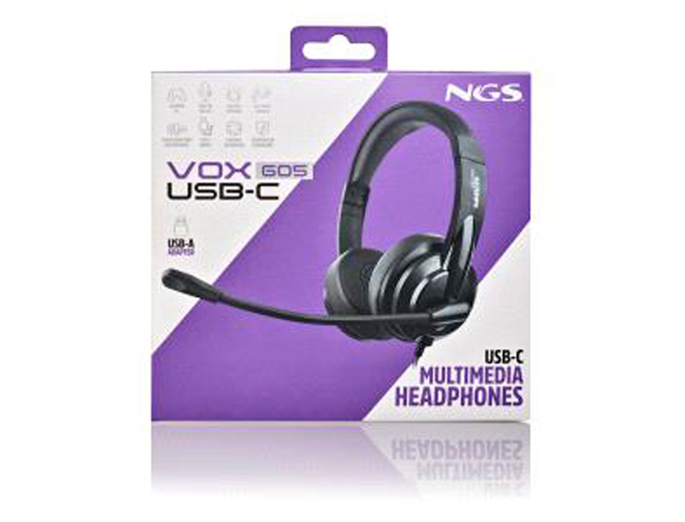 AURICULARES NGS VOX605 CON CABLE ESTEREO USB-C CON CONTROL DE VOLUMEN Y ADAPTADOR USB COLOR NEGRO