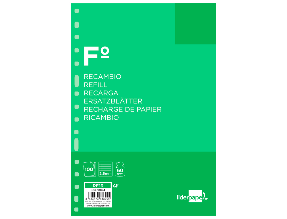 RECAMBIO LIDERPAPEL FOLIO 100 HOJAS 60G/M2 PAUTA 5 2.5MM CON MARGEN 16 TALADROS